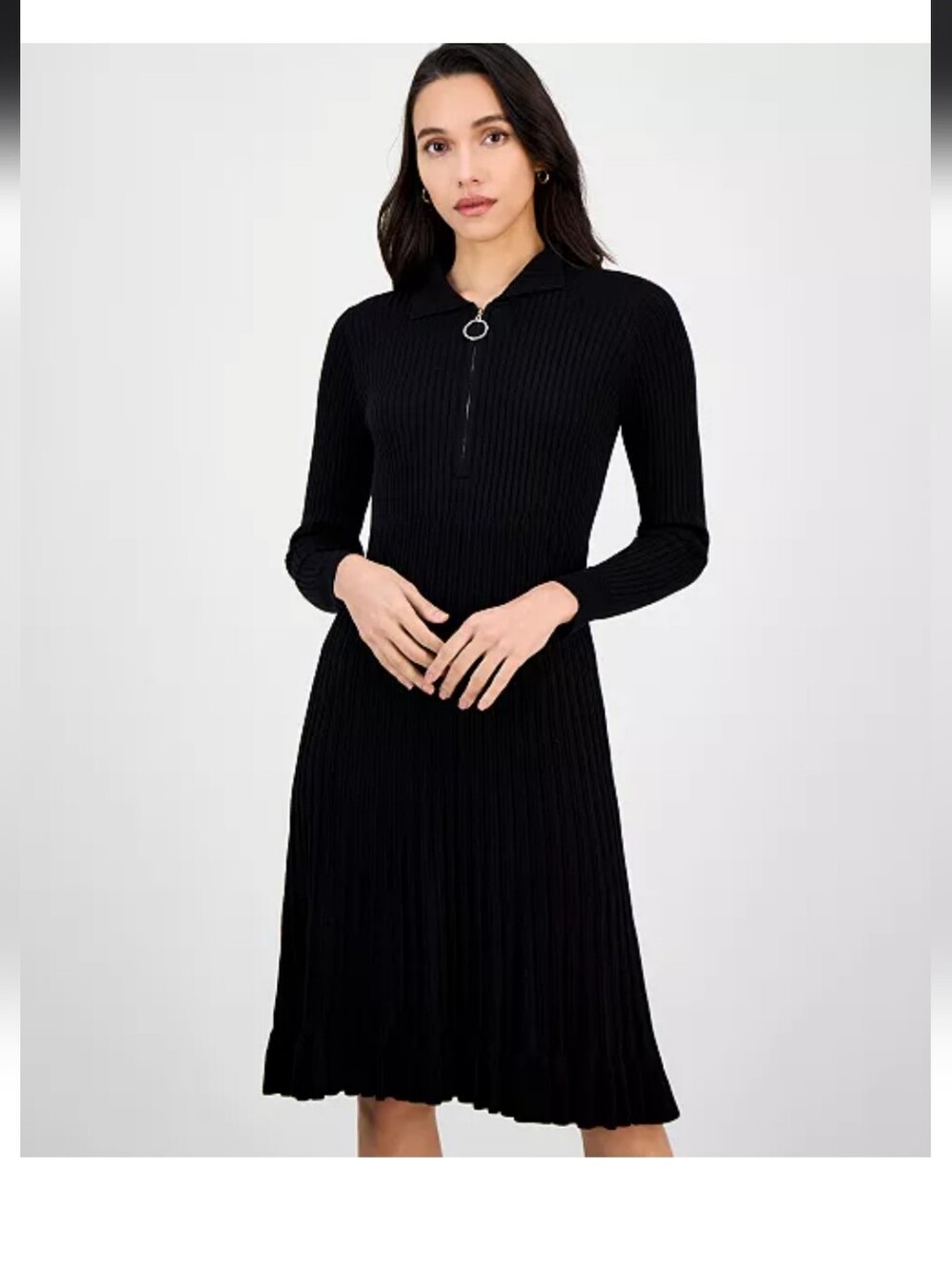 Robbie Bee Black Ribbed Long-Sleeve  Polo Sweater Dress with Zip Ring